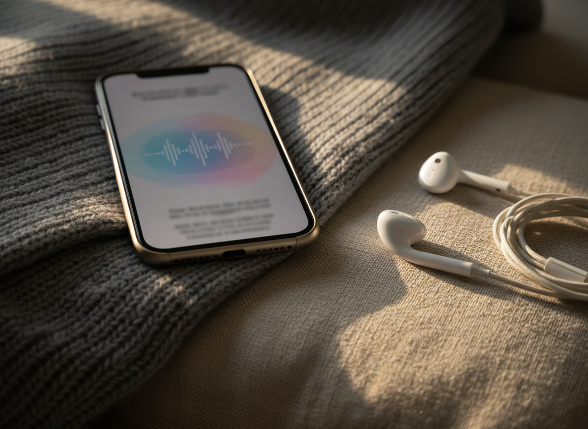 A tranquil audio meditation scene, focusing on technology as a gentle tool for inner calm. A smartphone lies on a soft, heather-grey wool throw, its screen showing an abstract, pastel-colored waveform suggesting a playing guided meditation, though the text is intentionally illegible. Beside it rest minimalist in-ear headphones with a braided fabric cable, loosely coiled. The throw is draped over a light linen cushion, adding layered textures. Late afternoon light falls diagonally across the scene, creating warm highlights on the phone’s edge and subtle shadows in the fabric folds. Photographic realism with a close, intimate crop and shallow depth of field, evoking quiet, introspective time set aside for self-care and emotional regulation.
