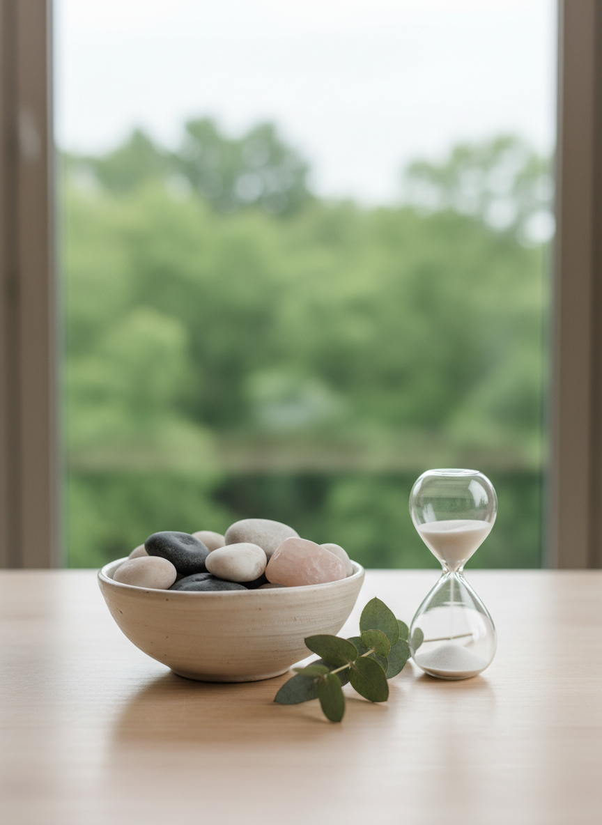 A serene nature-inspired vignette symbolizing connection between the individual and their environment in social work practice. A smooth, pale wooden table holds a simple ceramic bowl filled with polished stones in shades of grey, white, and soft rose, each stone uniquely shaped. Beside the bowl rests a sprig of fresh eucalyptus and a small sand timer with fine, light-colored sand mid-flow. In the blurred background, a large window reveals an out-of-focus view of green trees. Overcast daylight creates soft, even illumination with almost no harsh shadows. Photographic realism with a centered composition and shallow depth of field, evoking a grounded, reflective, and holistic atmosphere that suggests time, change, and gentle transformation.