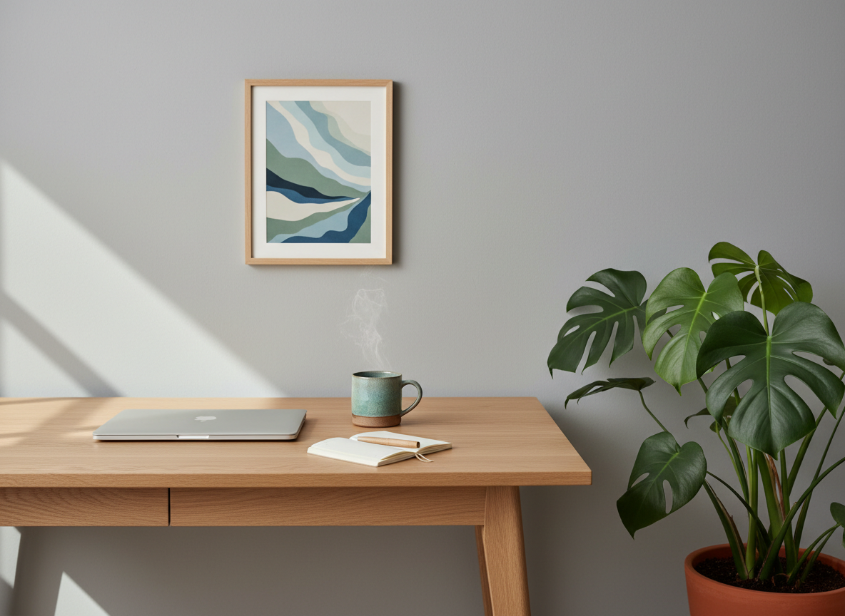 A carefully arranged minimalist home workspace designed for online social work consultations, featuring a light oak desk with a closed laptop, a ceramic mug of herbal tea, and a small notebook with a wooden pen resting on top. Behind the desk, a soft grey wall holds a single framed abstract print in soothing blues and greens. A large potted plant with broad, vibrant leaves sits to the side, adding organic texture. Gentle afternoon daylight filters through an unseen window, casting soft, calming shadows. Photographic realism at eye level, with a shallow depth of field that subtly blurs the background to create a serene, professional, and welcoming atmosphere, emphasizing calm focus and presence.