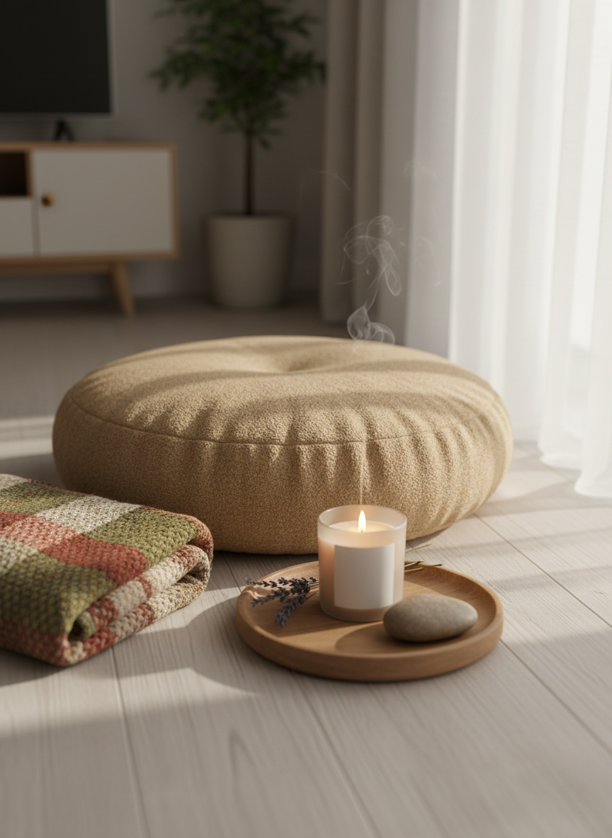 A close-up of a small meditation corner in a modern living room, dedicated to self-care and inner reflection. A thick, sand-colored cushion rests on a pale wooden floor, with a folded woven blanket in muted earth tones placed neatly beside it. On a low, round wooden tray sits a lit soy candle in a frosted glass jar, a smooth river stone, and a sprig of dried lavender. Soft, diffused morning light streams through sheer white curtains, creating delicate highlights on the textures and gentle shadows around the objects. Photographic realism from a slightly elevated angle, with a calm, contemplative mood that evokes mindfulness and emotional grounding.