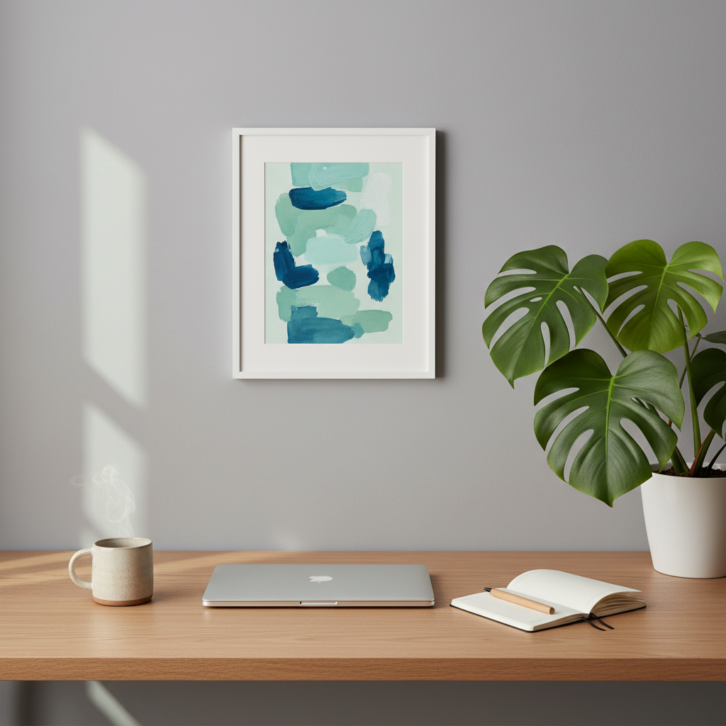A carefully arranged minimalist home workspace designed for online social work consultations, featuring a light oak desk with a closed laptop, a ceramic mug of herbal tea, and a small notebook with a wooden pen resting on top. Behind the desk, a soft grey wall holds a single framed abstract print in soothing blues and greens. A large potted plant with broad, vibrant leaves sits to the side, adding organic texture. Gentle afternoon daylight filters through an unseen window, casting soft, calming shadows. Photographic realism at eye level, with a shallow depth of field that subtly blurs the background to create a serene, professional, and welcoming atmosphere, emphasizing calm focus and presence.