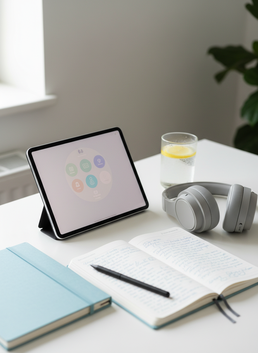 A tidy digital wellness toolkit displayed on a white desktop surface, symbolizing online resources for everyday well-being. A modern tablet shows a blurred interface with softly colored icons suggesting guided audios and meditations, while noise-cancelling over-ear headphones in a matte light grey finish rest beside it. A glass of water with a slice of lemon stands nearby, droplets clinging to the surface. A small, open notebook with neatly written notes in blue ink adds a human touch without showing a person. Natural daylight from the left illuminates the scene, producing gentle reflections on the glass and tablet screen. Photographic realism with a clean, modern aesthetic, shot from a slightly elevated angle, conveying clarity, organization, and calm support.