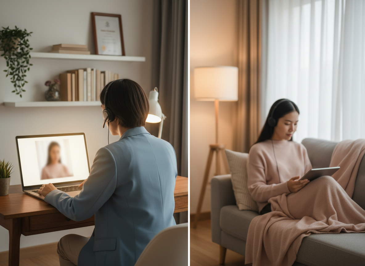 Deux personnes en téléconsultation, chacune chez soi, vues de trois quarts ou de dos, leurs visages peu visibles, ambiance chaleureuse et professionnelle, style photo réaliste, couleurs douces.