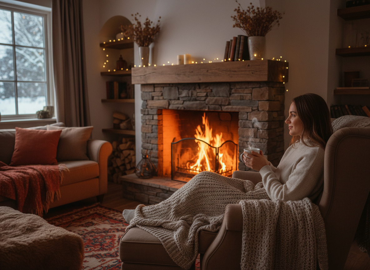 Un espace chaleureux avec une personne détendue tenant une tasse de thé, assise devant un feu de foyer, ambiance calme et réconfortante, style photo réaliste, lumière douce et orangée.